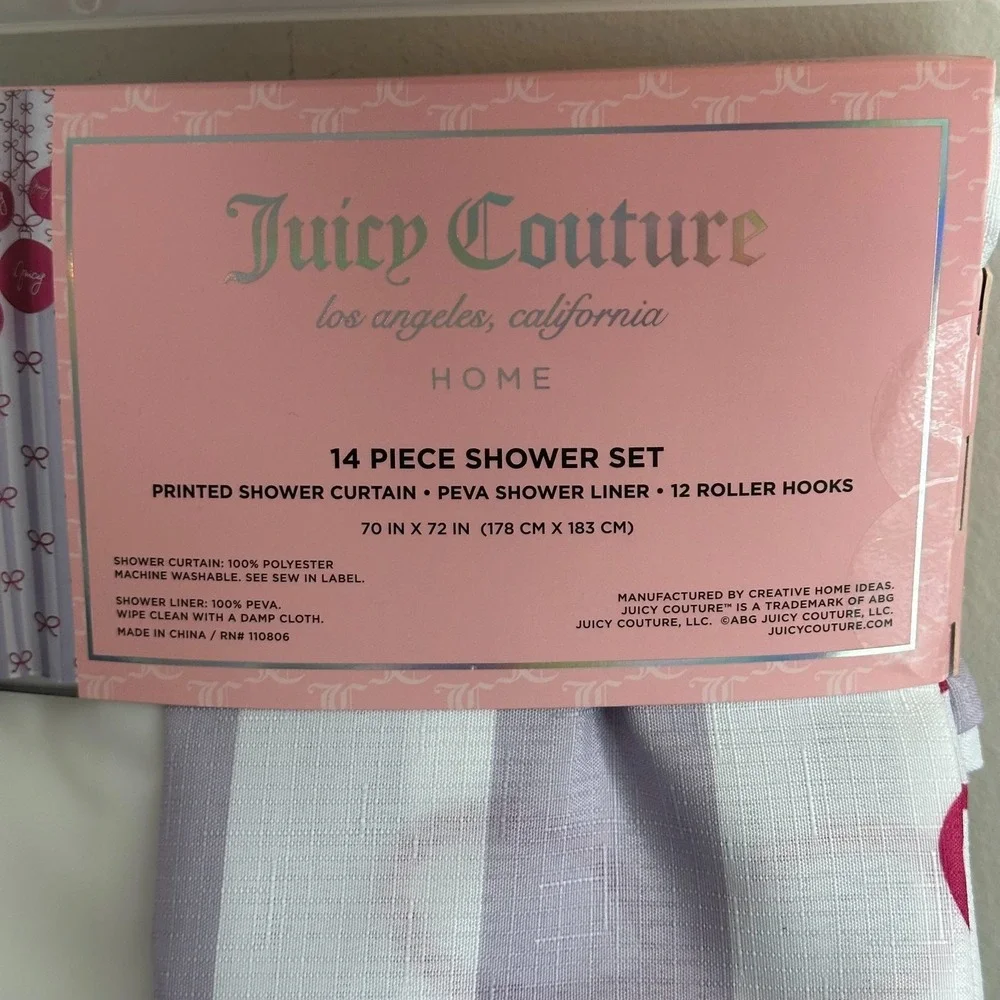New Juicy Couture Fabric Shower Curtain PEVA Liner Hooks Set 70x72 Christmas